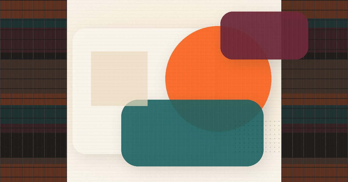 Abstract Bethink artwork with teal, cyan, cream, orange, burgundy, and black geometric shapes.