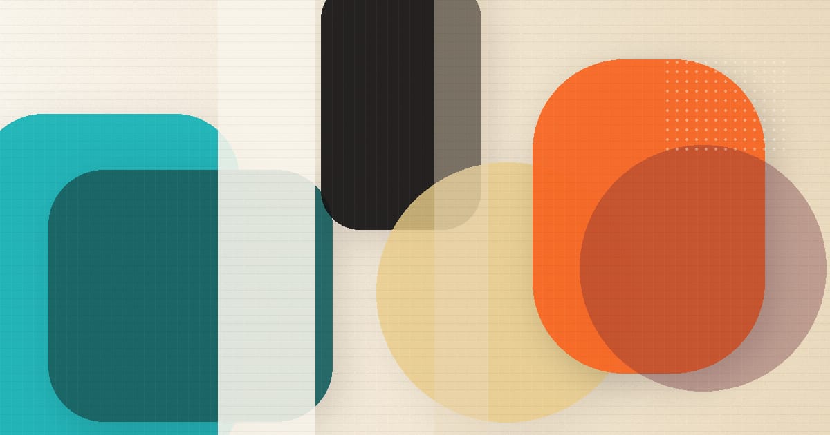 Abstract Bethink artwork with teal, cyan, cream, orange, burgundy, and black geometric shapes.