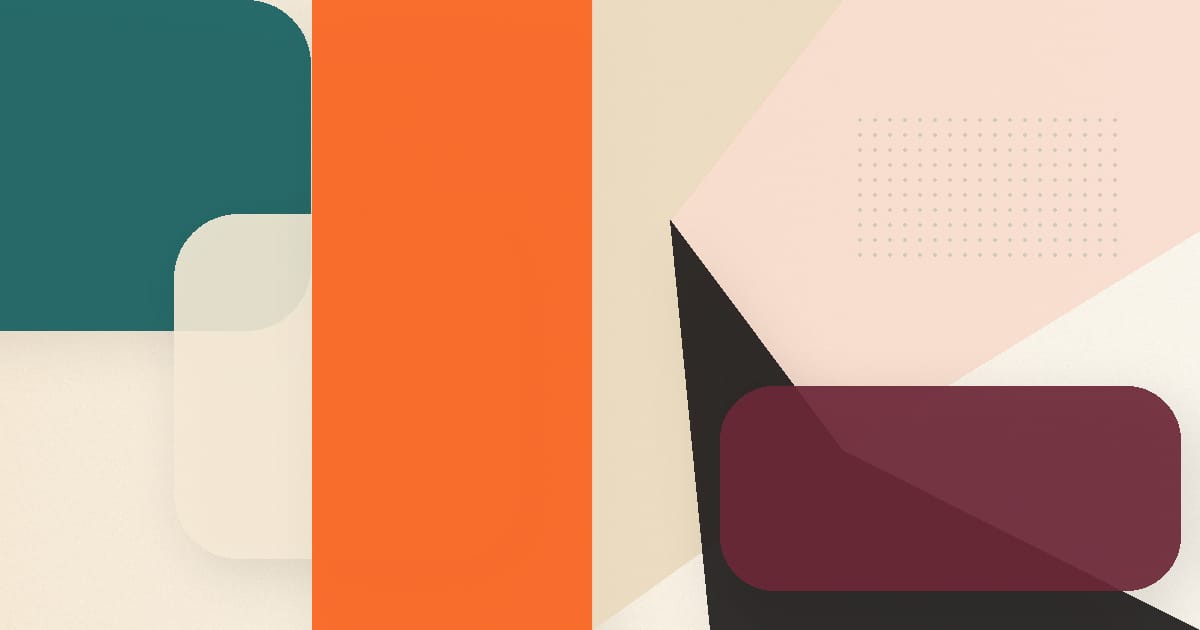 Abstract Bethink artwork with teal, cyan, cream, orange, burgundy, and black geometric shapes.